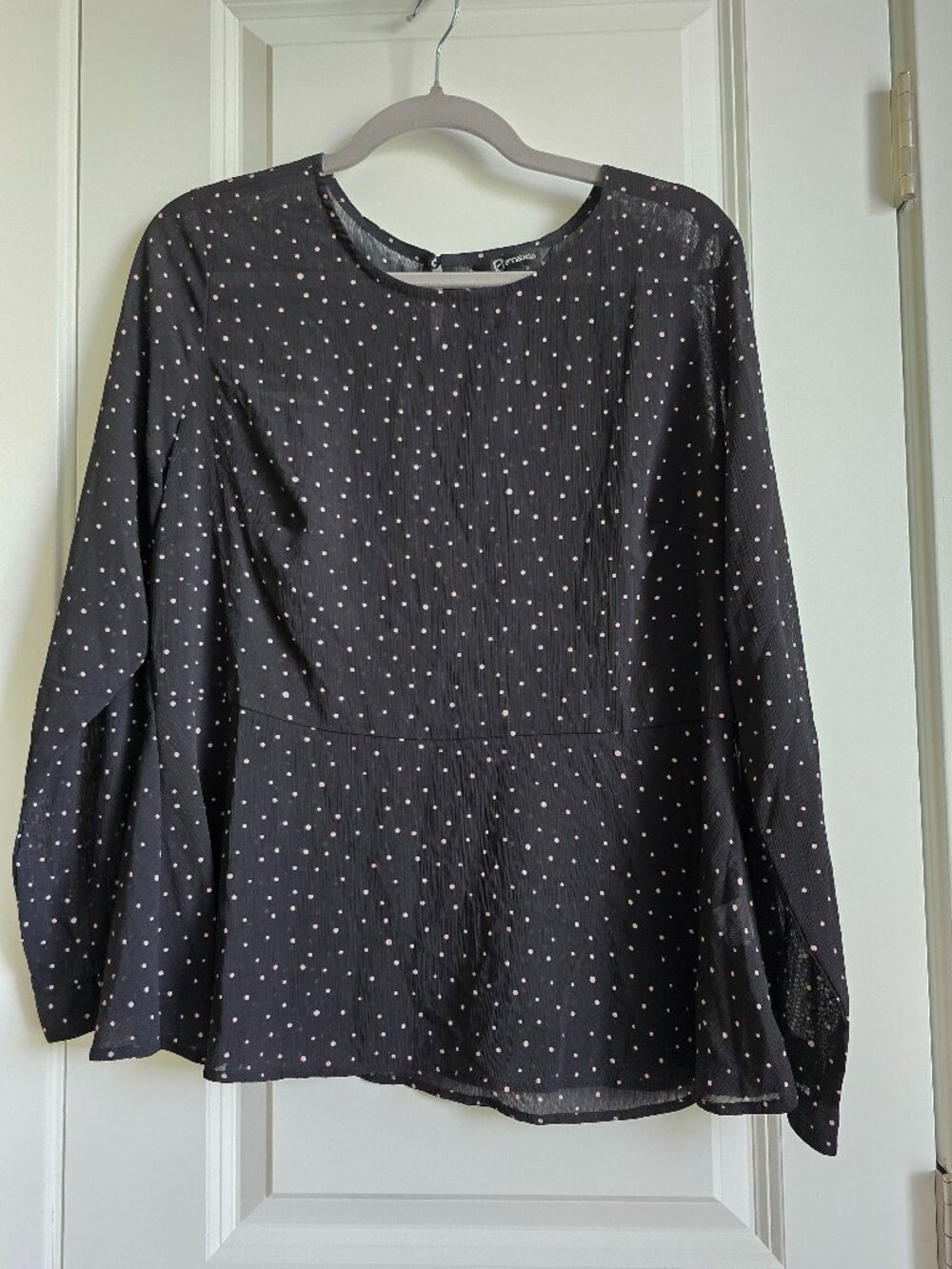 Annabelle Black Polka Dot Long Sleeve Sheer Peplum Blouse